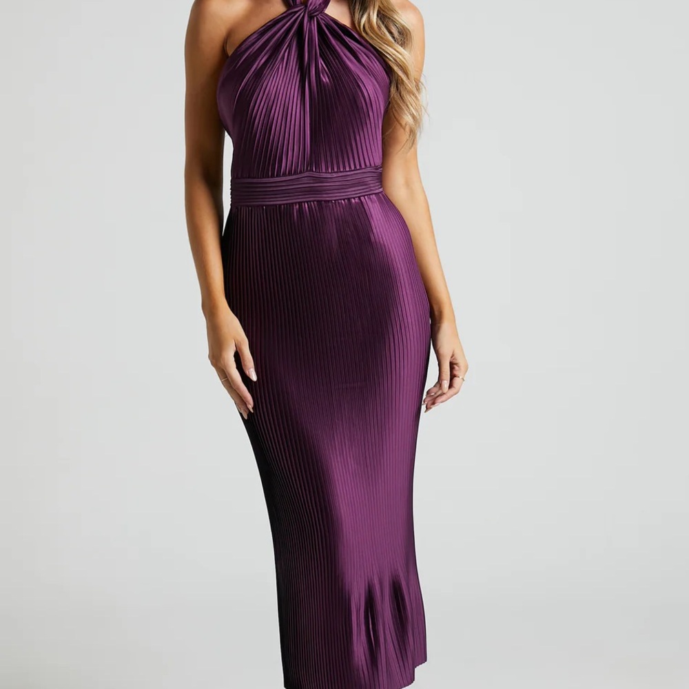 MARLETTE MIDI DRESS - PLEATED OPEN BACK HALTER DRESS IN AUBERGINE